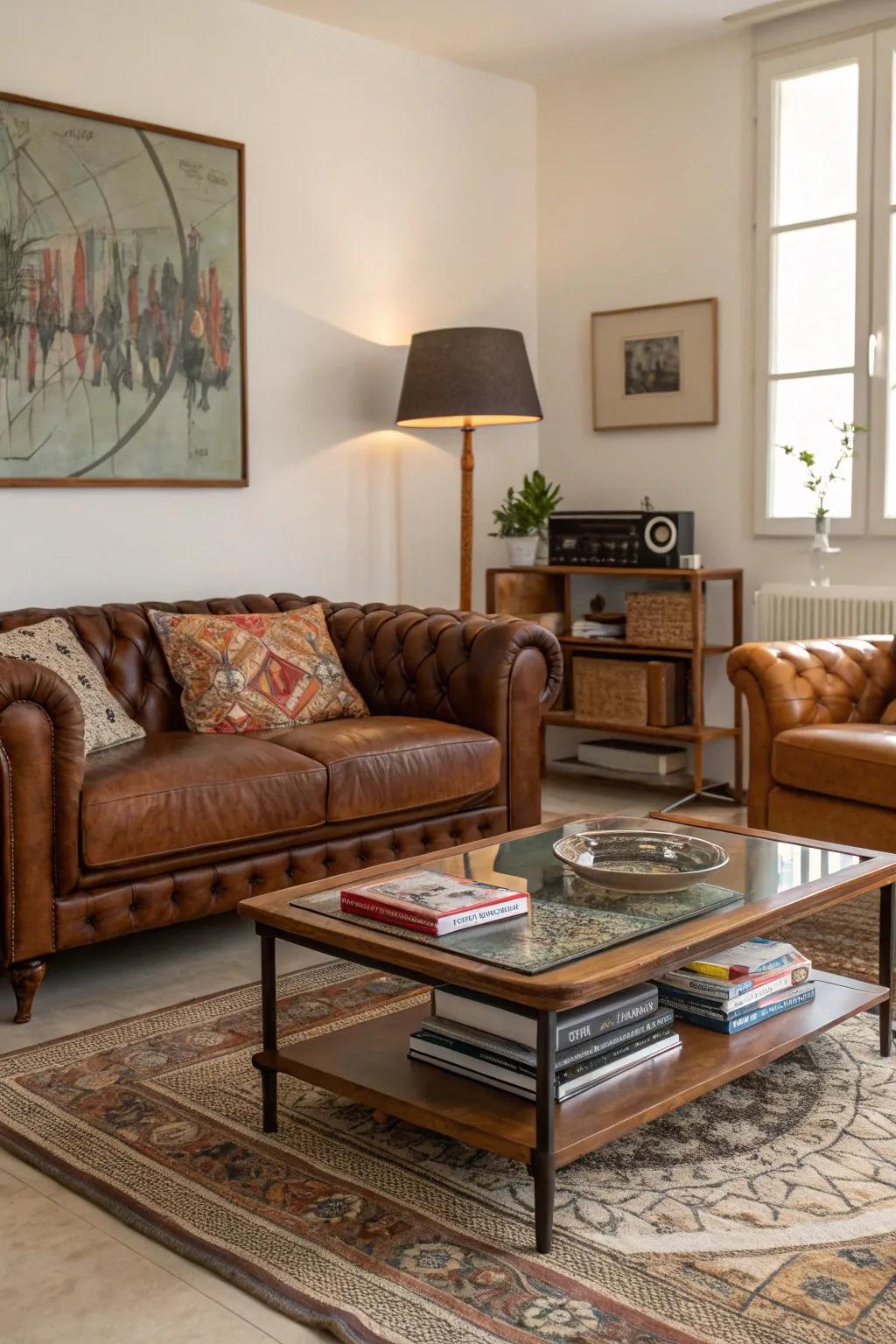 A living room showcasing a balanced blend of vintage and modern furnishings.