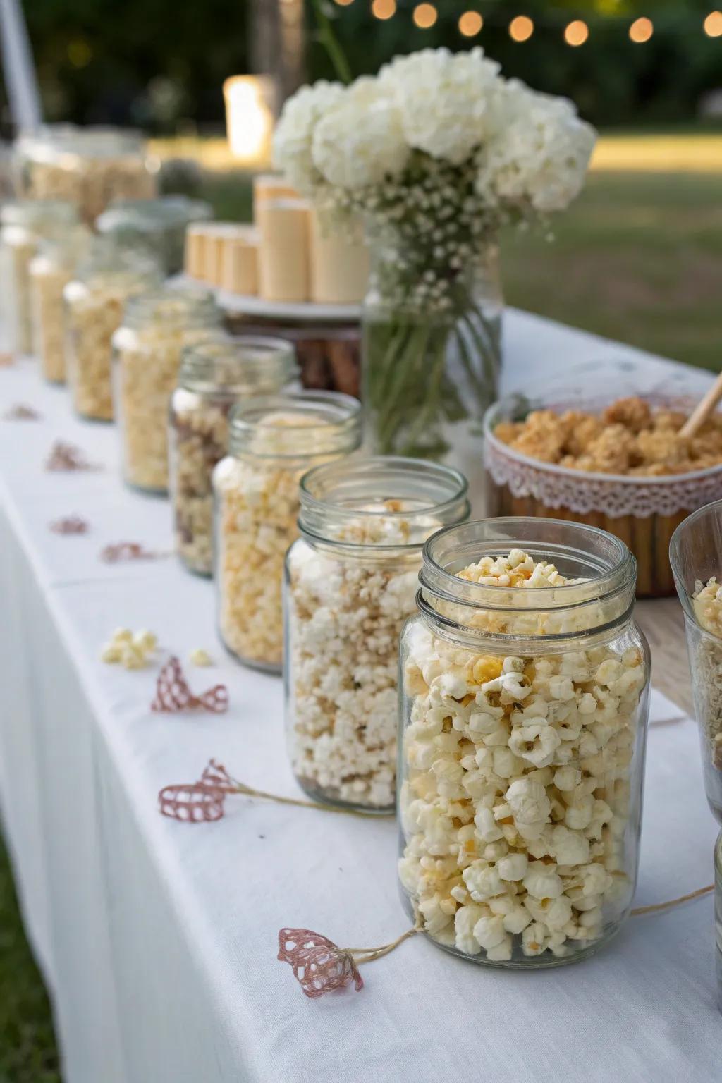 Popcorn presented in a medley of classic glass containers, bringing an element of allure to the wedding setting.