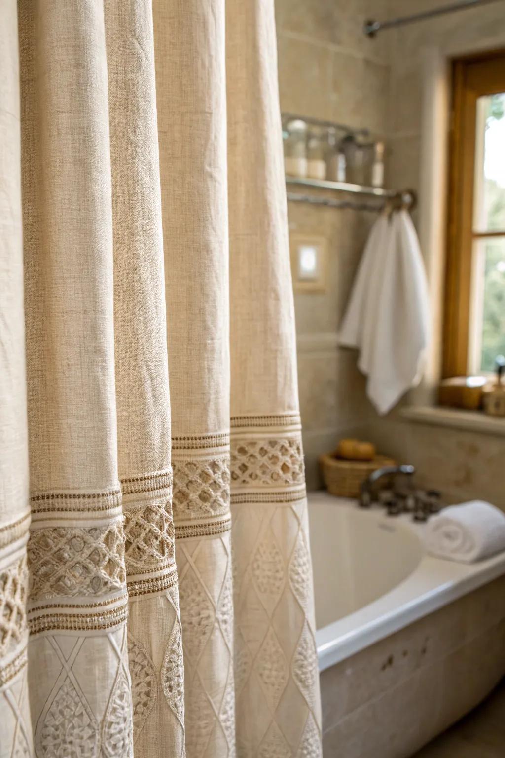 A close-up of a textured linen shower curtain that enhances the depth of the bathroom decor.