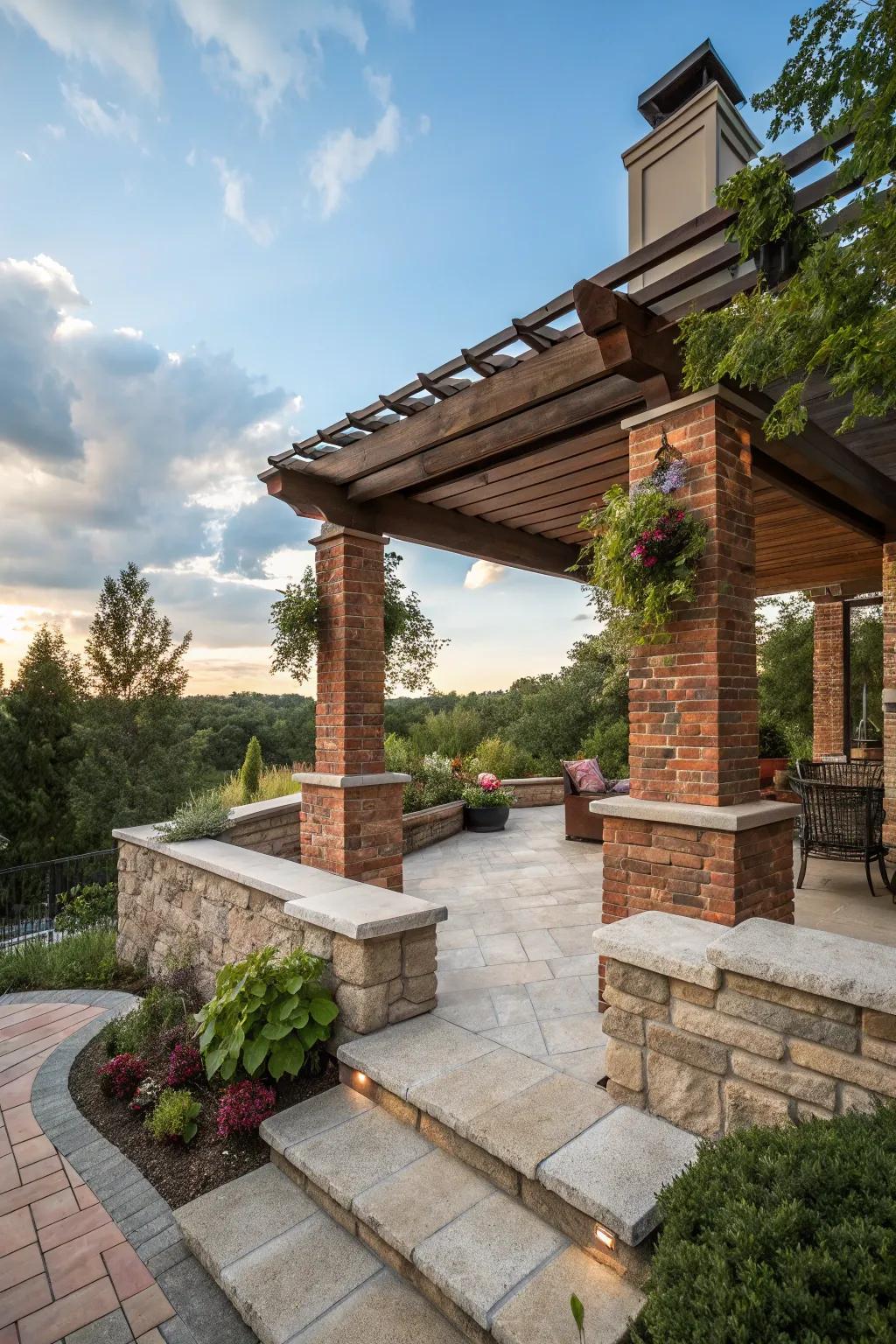 Patios crafted from stone and brick provide an enduring and hardy visual effect.