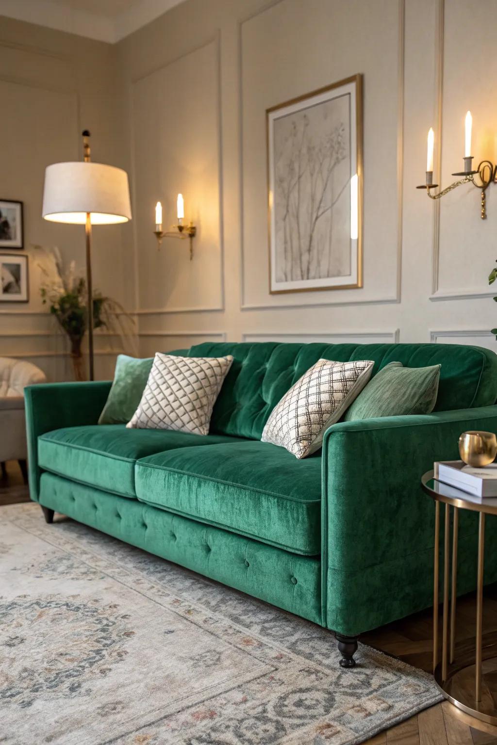Deluxe deep green plush sofa serving as a central feature.