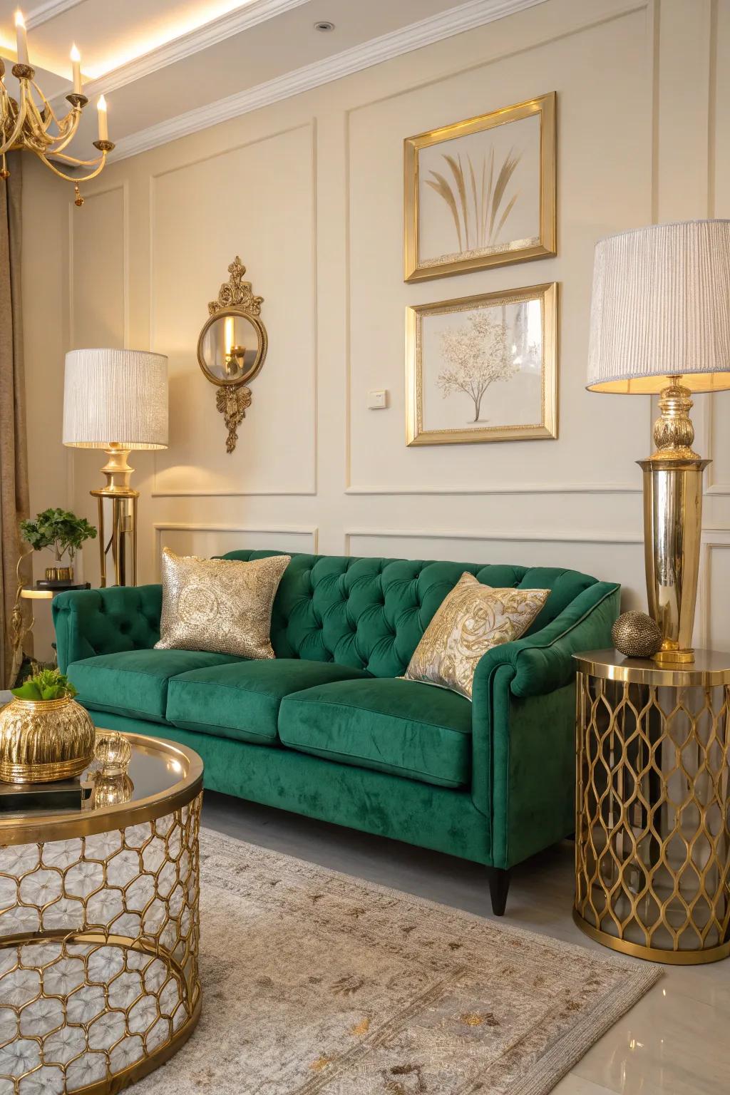 Gold accents introduce a rich touch to a deep-green couch.