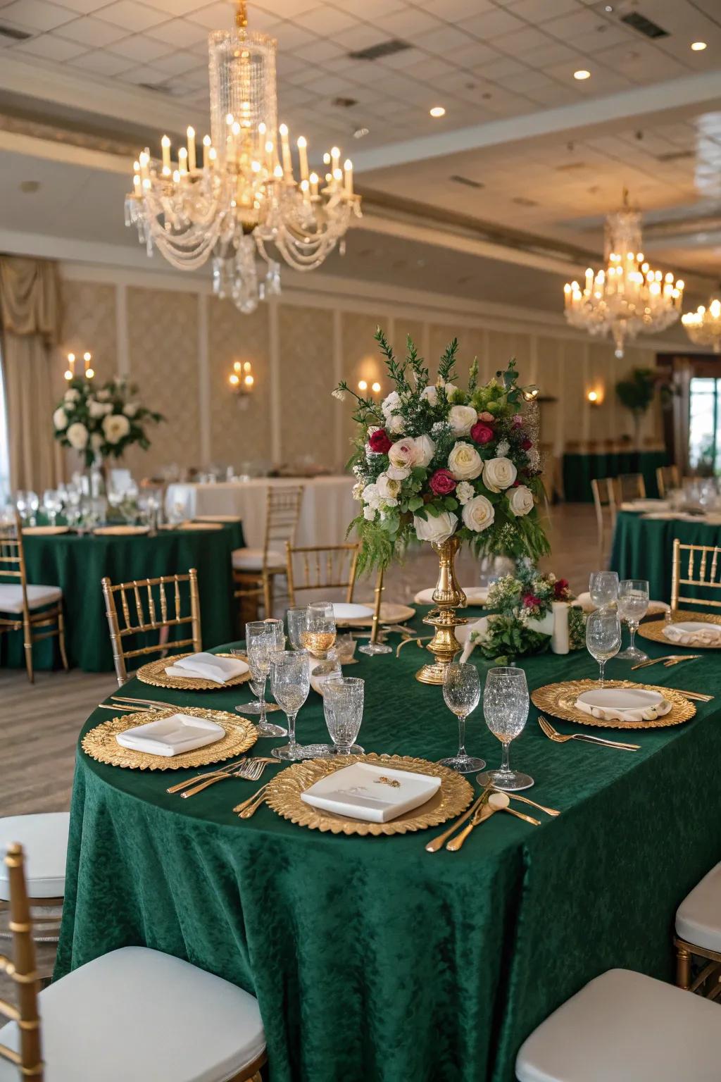 A lavish tablescape showcasing emerald green and gold highlights.