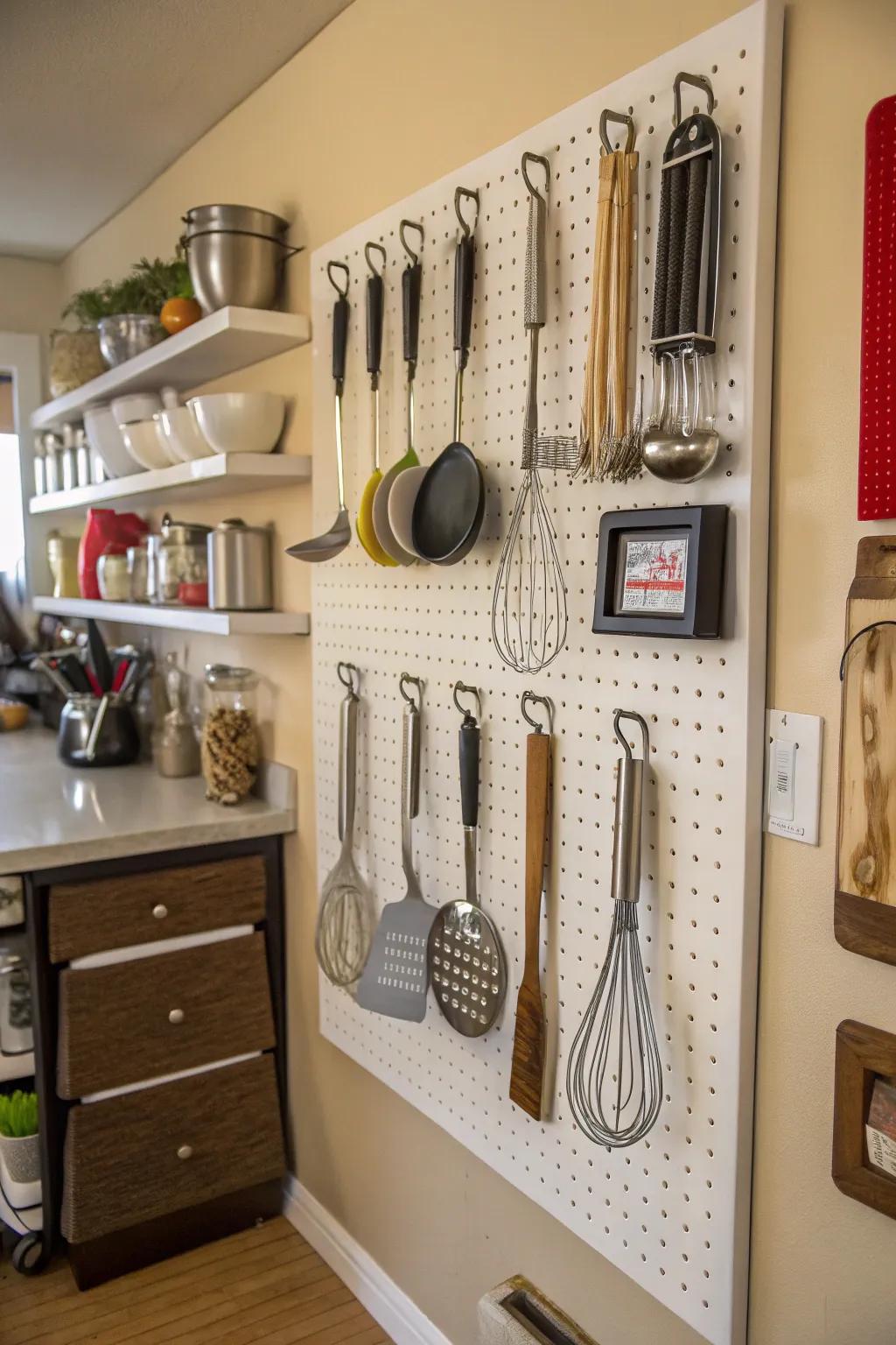 A pegboard ensures your kitchen must-haves are always at your fingertips.