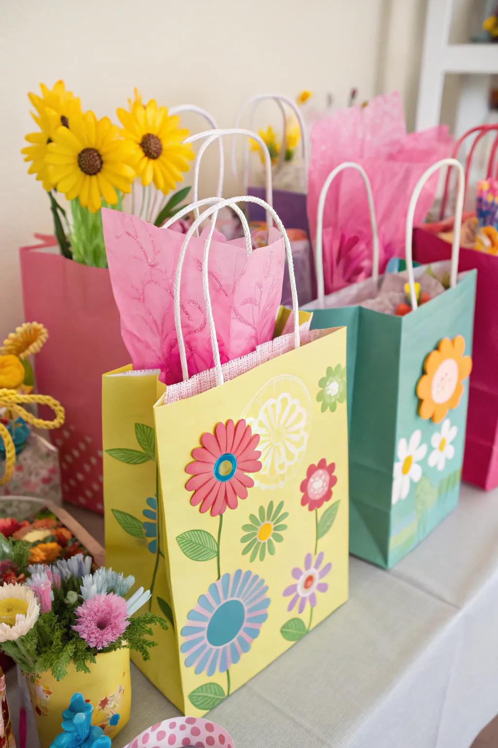 Enchanted floral bags featuring artificial flowers and complementary themed items.
