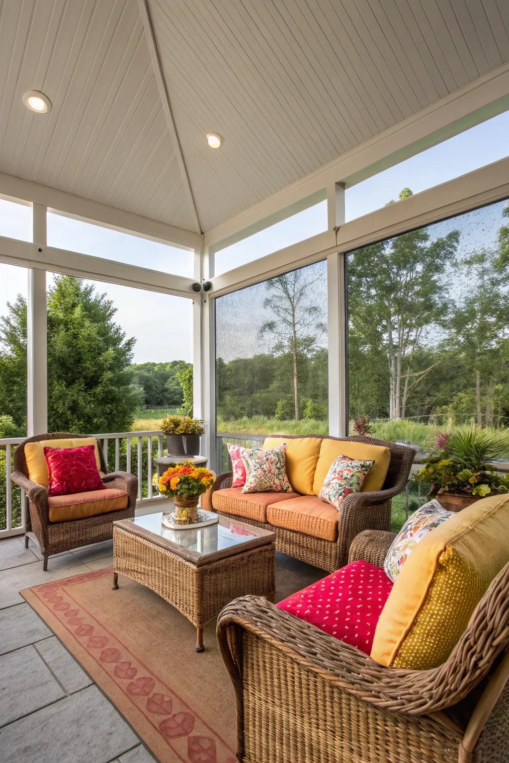 A relaxing screened patio, perfect for enjoying nature without the bugs.