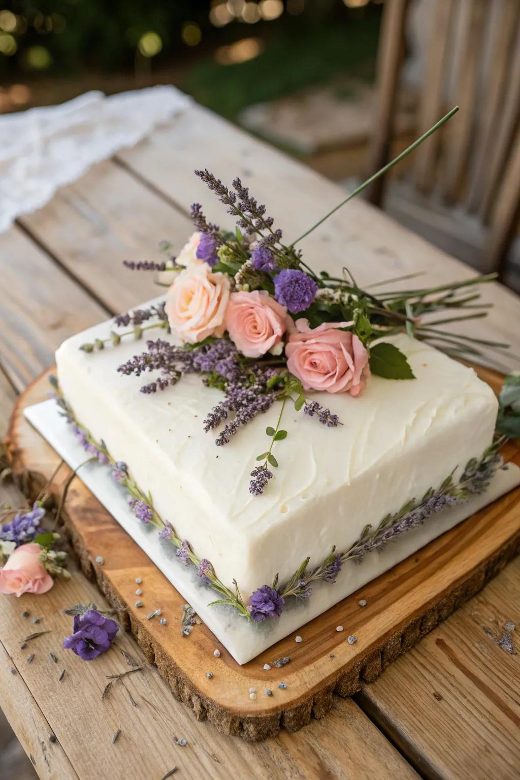 An engagement sheet cake with a floral theme, decorated with roses and lavender.