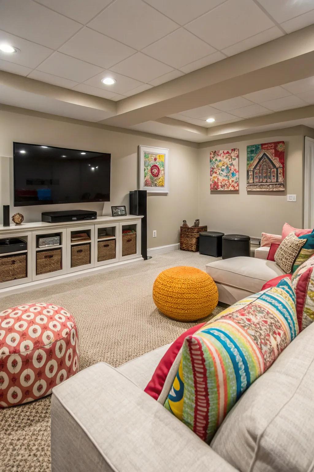 A seamless fusion of neutral shades with vibrant accents in an entertainment center.