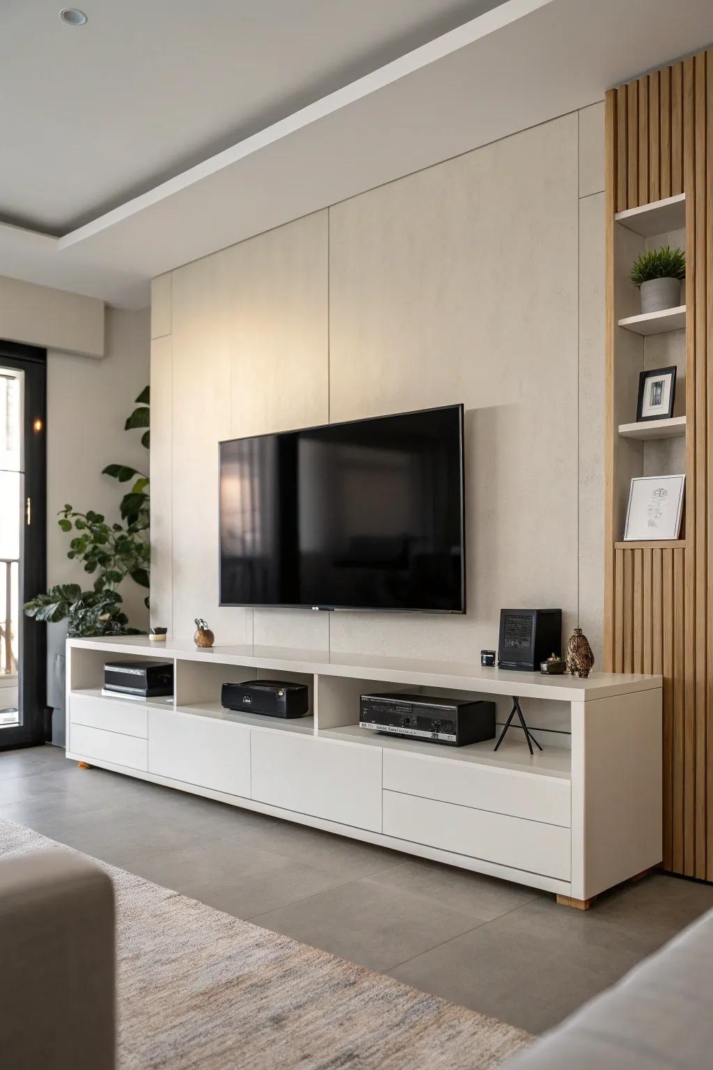 A minimalist entertainment center distinguished by its sleek lines and expansive television screen.