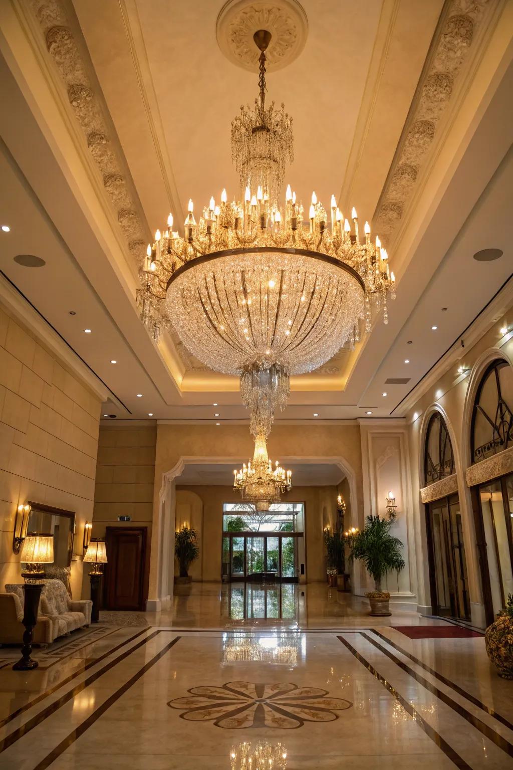 An extravagant chandelier introduces drama and refinement to the foyer.