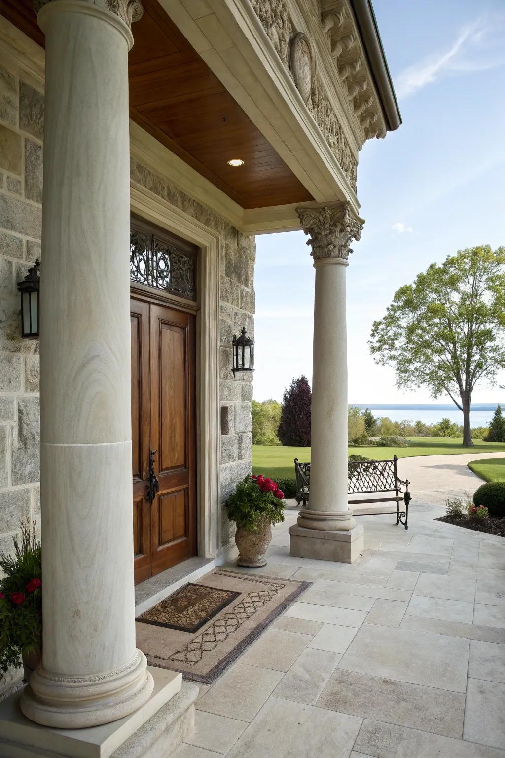 Stately stone supports lending refinement and stability to a gorgeous front porch.