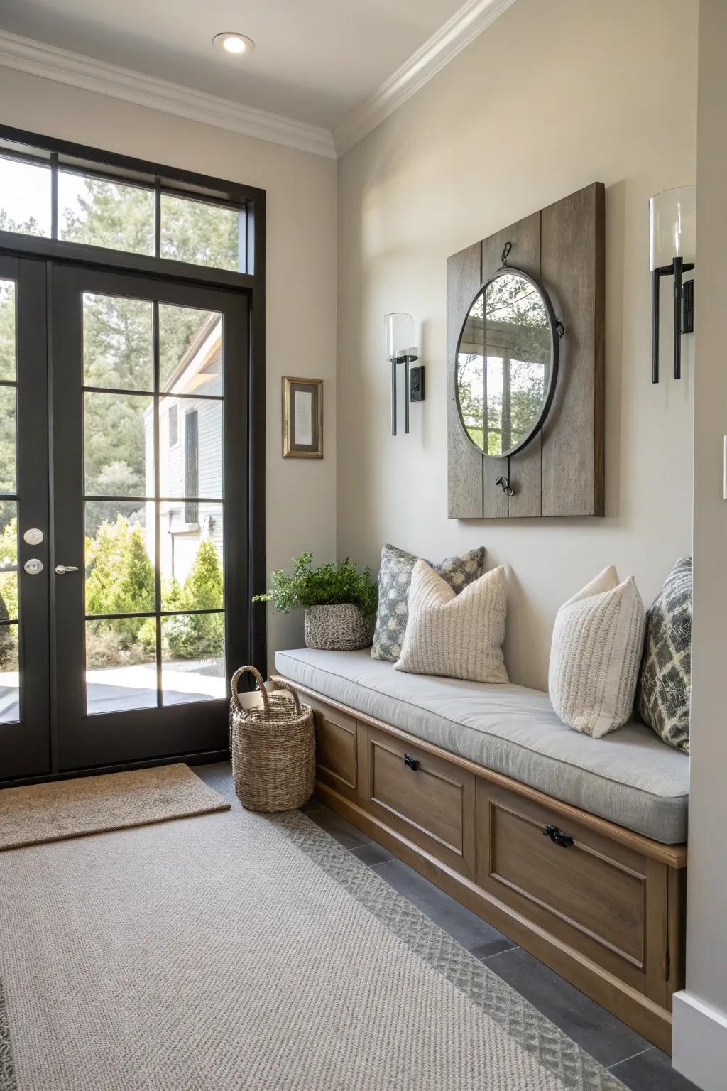 An inviting cushioned bench enhanced with plush pillows in a modern entryway.