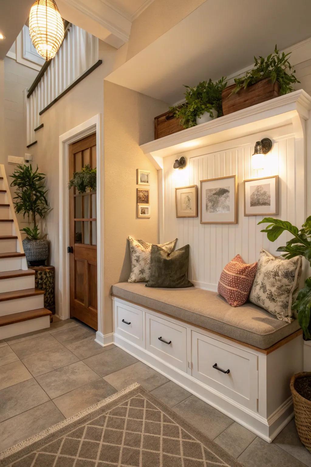 A built-in bench with concealed storage enhances both the functionality and comfort of your entryway.