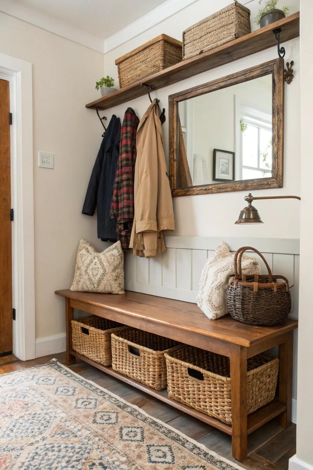 Maximize space with an entryway bench that combines seating and storage.