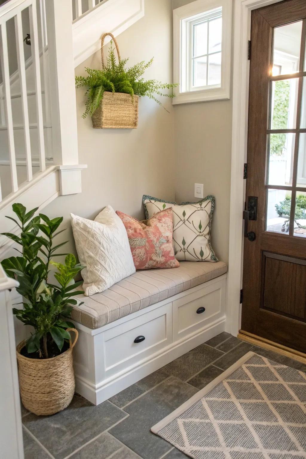 A comfortable bench introduces practicality and flair to the entryway.