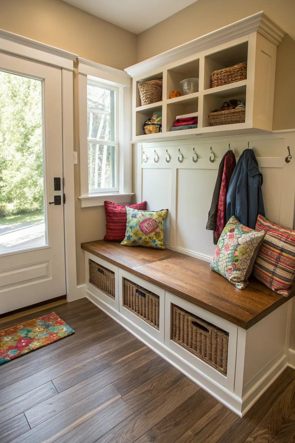 A welcoming bench with concealed storage boosts both practicality and ease.