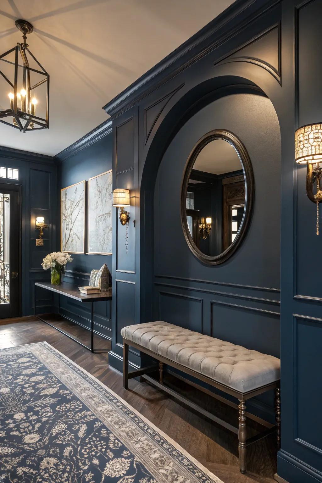 Bring drama to your entryway using bold navy shades.