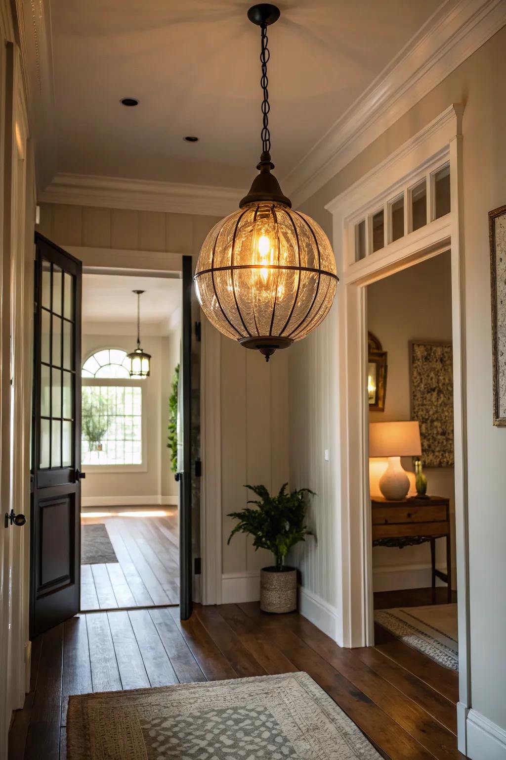 An entrance exhibiting a pendant light featuring a one-of-a-kind bulb aesthetic that injects a hint of playfulness.
