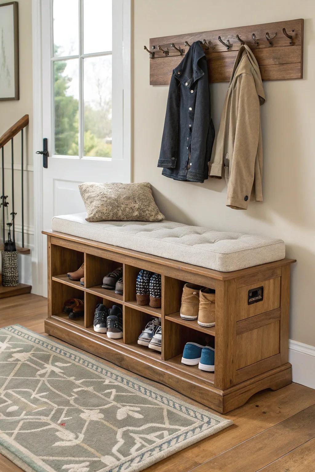 A useful shoe storage bench that also serves as seating.