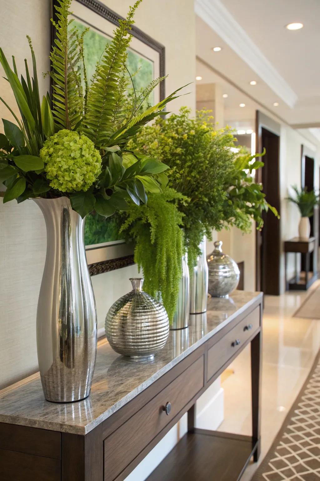 Vases filled with greenery impart a natural and lively feel to your entryway.
