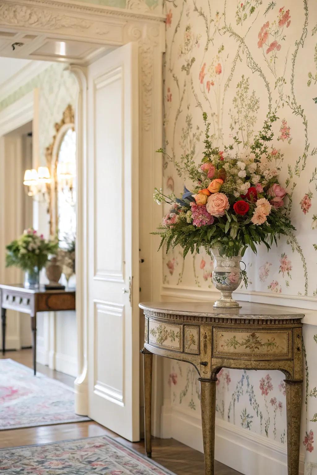A charming entryway presented floral wallpaper, imparting natural sophistication.