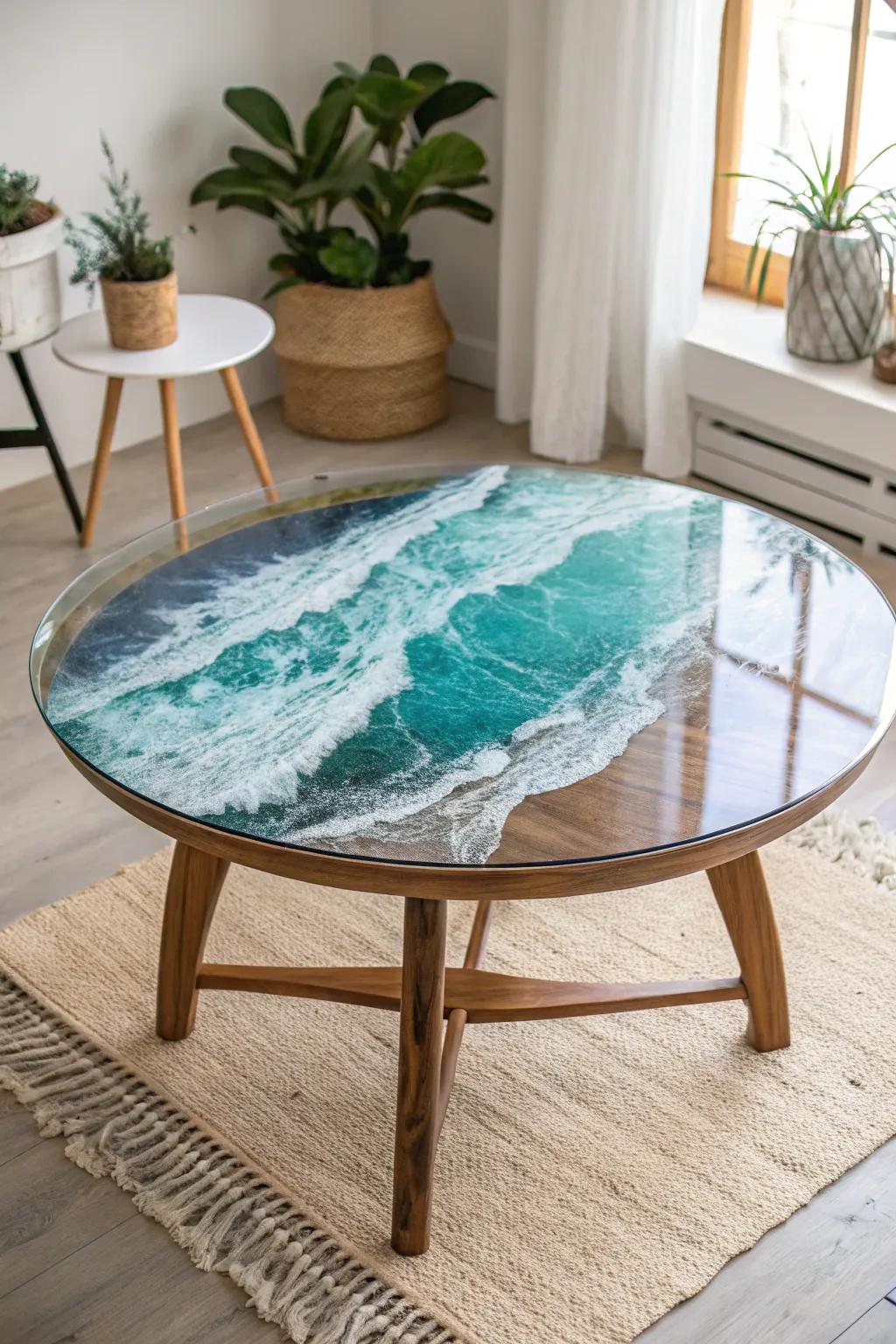 Infuse your dwelling with the serenity of the ocean through this sensational epoxy resin surf coffee table. 🌊✨