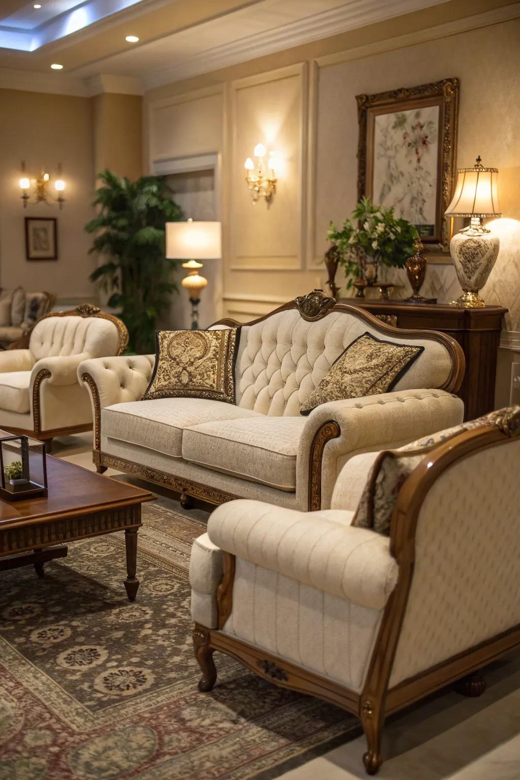 Elegant and luxurious seating designs define this refined European living area.