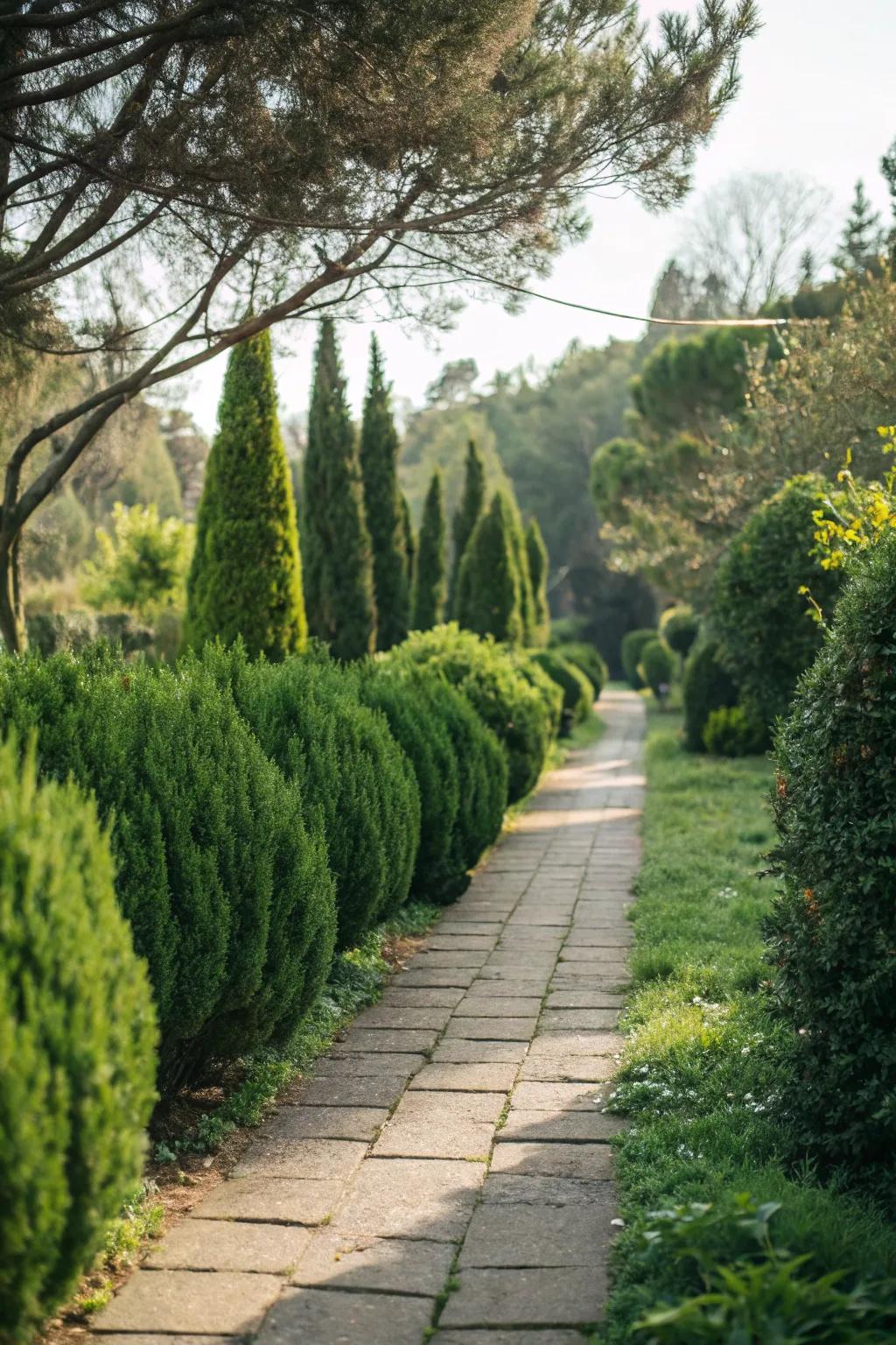 An attractive garden walkway bordered with precisely arranged evergreen shrubs.