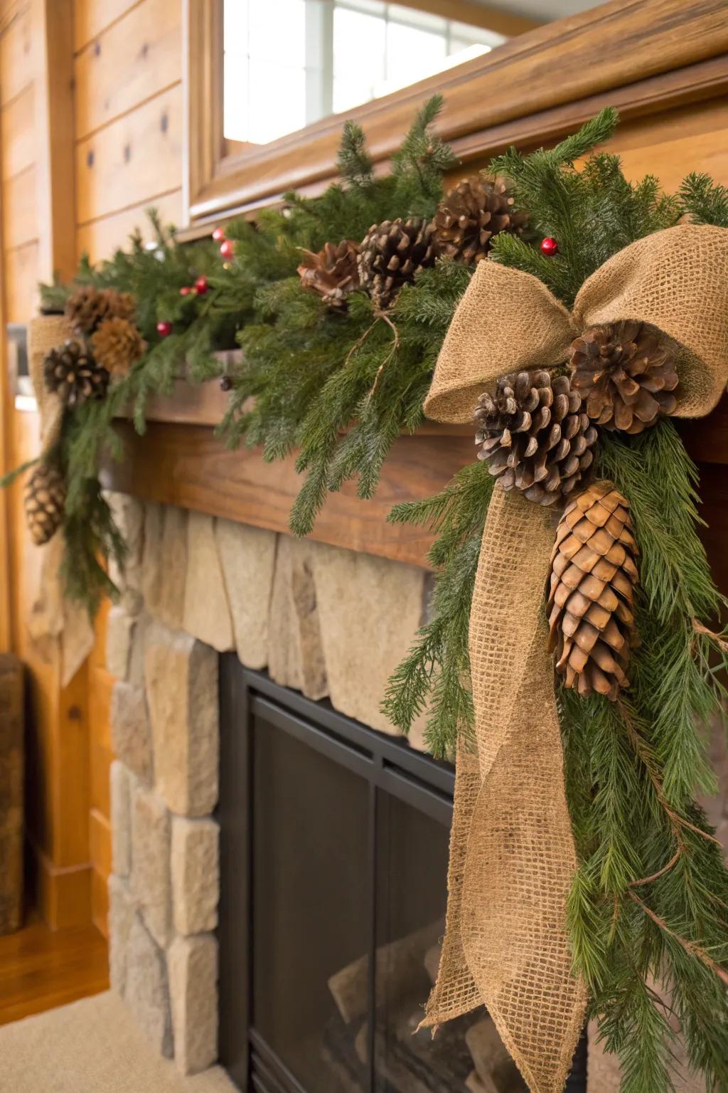 A warm, rustic swag showcasing pinecones and burlap arranged on a fireplace mantel.
