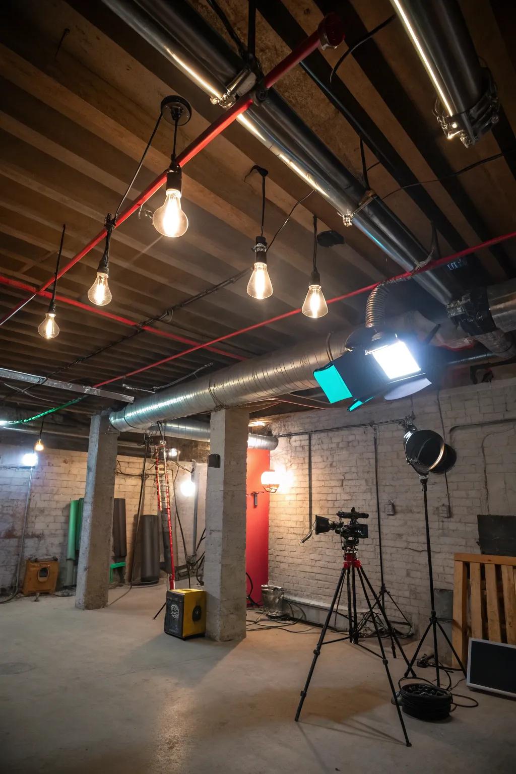 Creative lighting has the power to transform your basement's exposed ceiling into an alluring point of focus.
