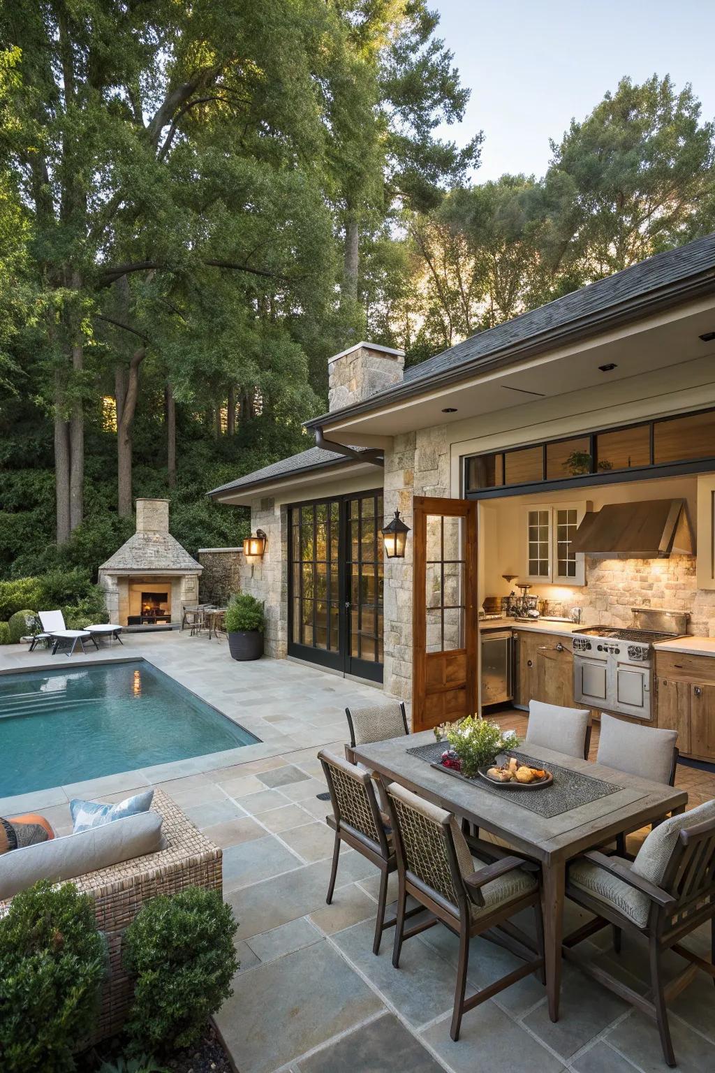 A lavish outdoor living space featuring a pool house.