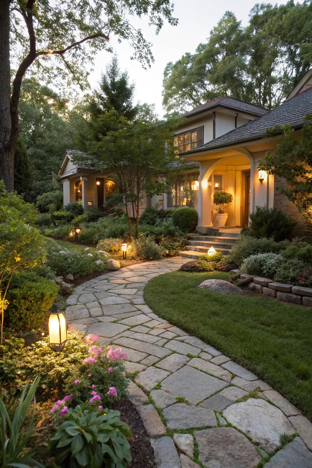 A charming front yard with a stone pathway and gentle illumination.