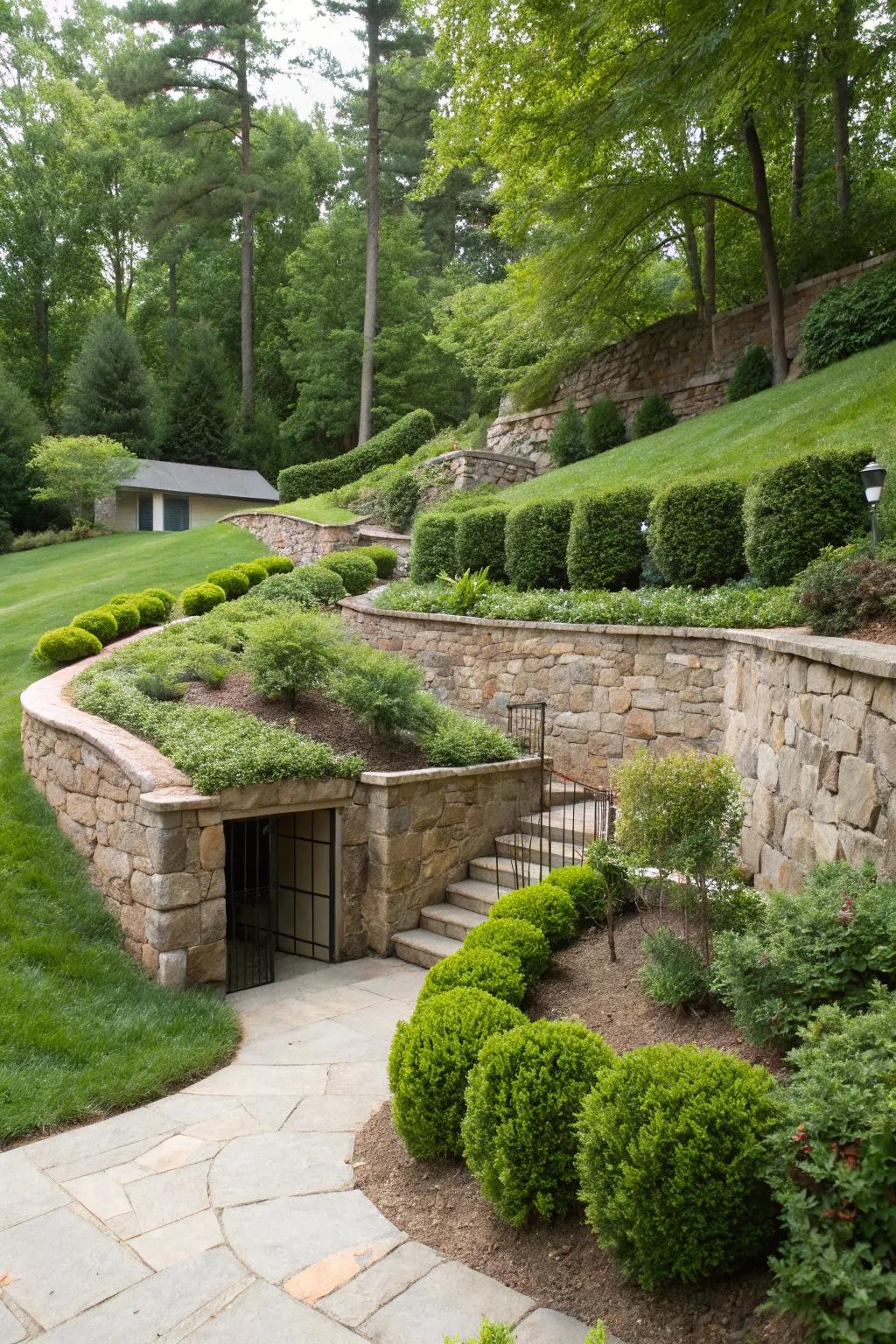 Attractive rock retaining structures blend seamlessly with the lavish foliage around a basement entryway.