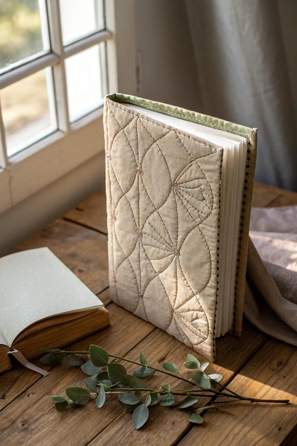 Surround your stories with warmth with a quilted book cover that exudes classic elegance and comforting craftsmanship.