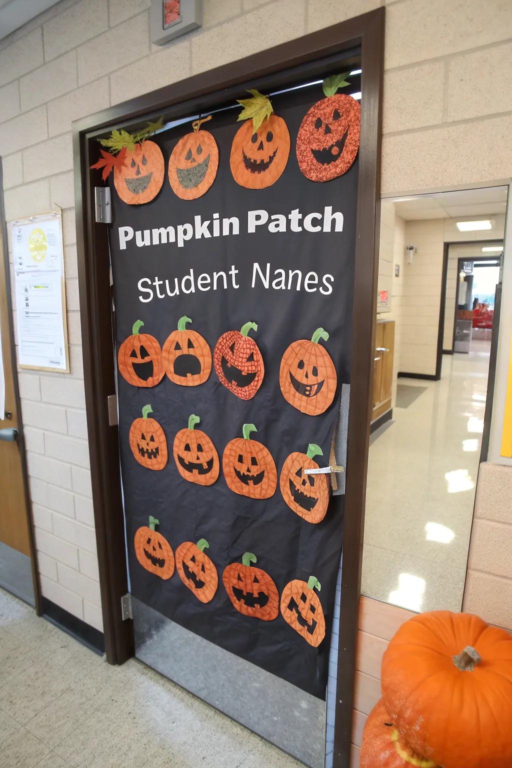 A charming pumpkin field scene at the entrance showcasing student names.