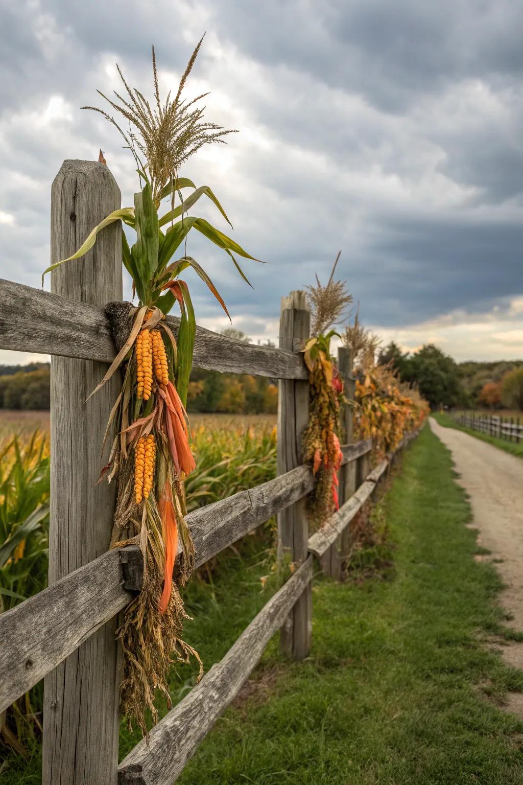 Corn stalks affixed to fence posts contribute to a rustic appeal in any garden.