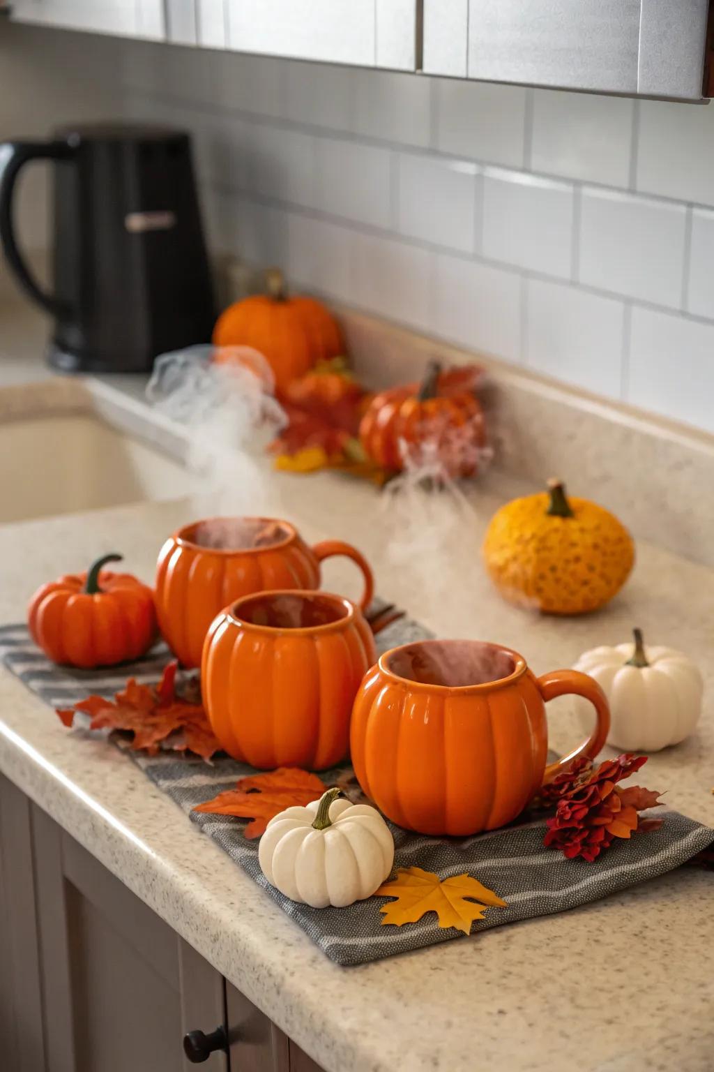 Pumpkin-shaped mugs are perfect for sipping your favorite fall drinks.