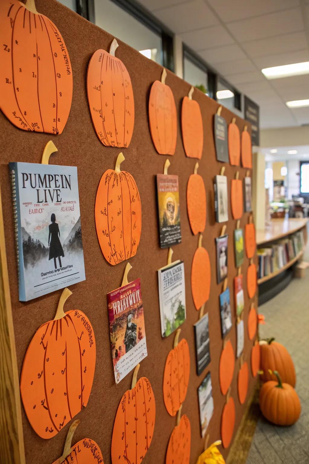 A bulletin board designed around a pumpkin patch theme, displaying book covers.