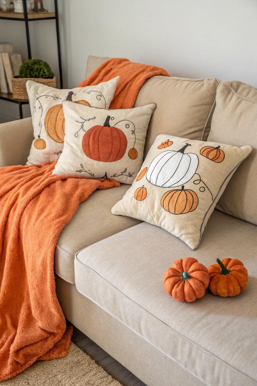 Pumpkin-inspired pillows to honor the spirit of the fall season.