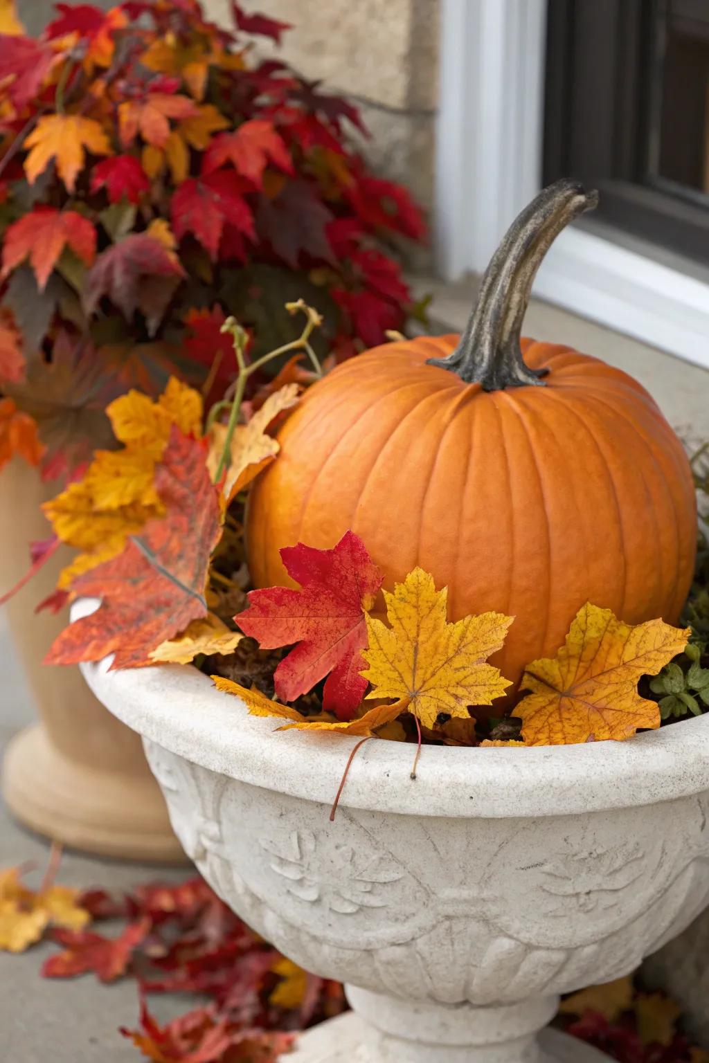 A gourd focal point complemented by fall foliage embodies the essence of the season.