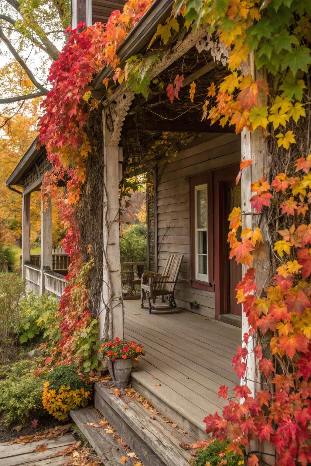 Lively autumnal foliage adds a hint of unrefined beauty to the entryway's aesthetics.