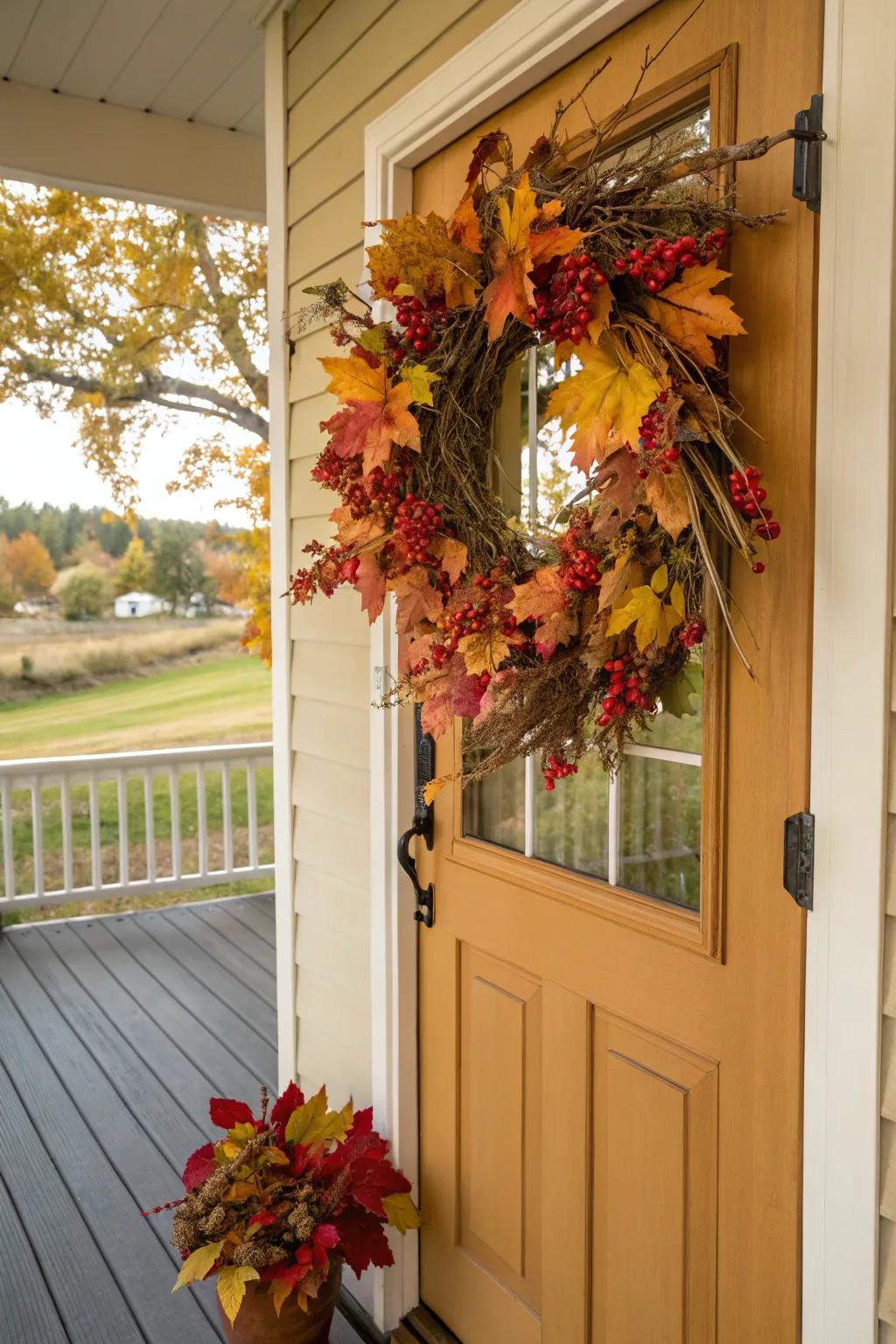 A lively wreath brimming with autumnal leaves and fruits imparts warmth to your entryway.