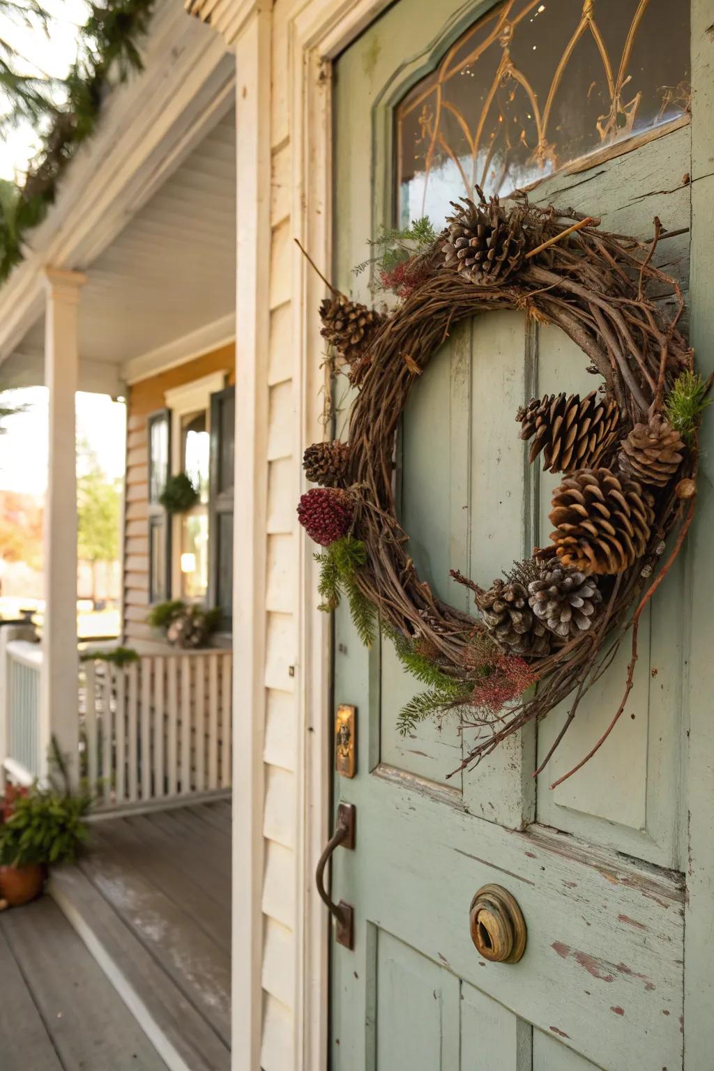 Welcome the beauty of the outdoors with a conifer cone and branch wreath.