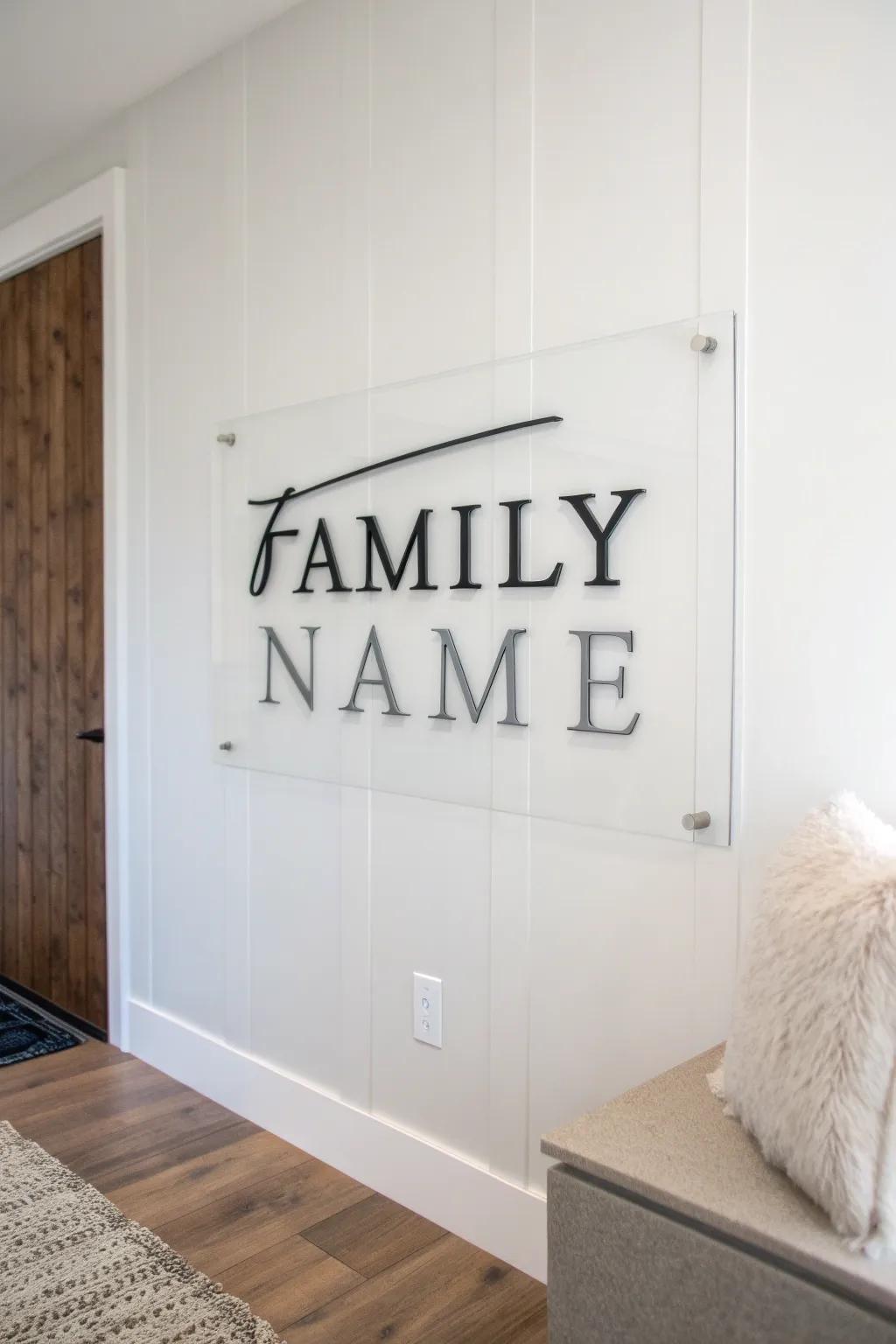 A contemporary acrylic family name display complements a streamlined interior.
