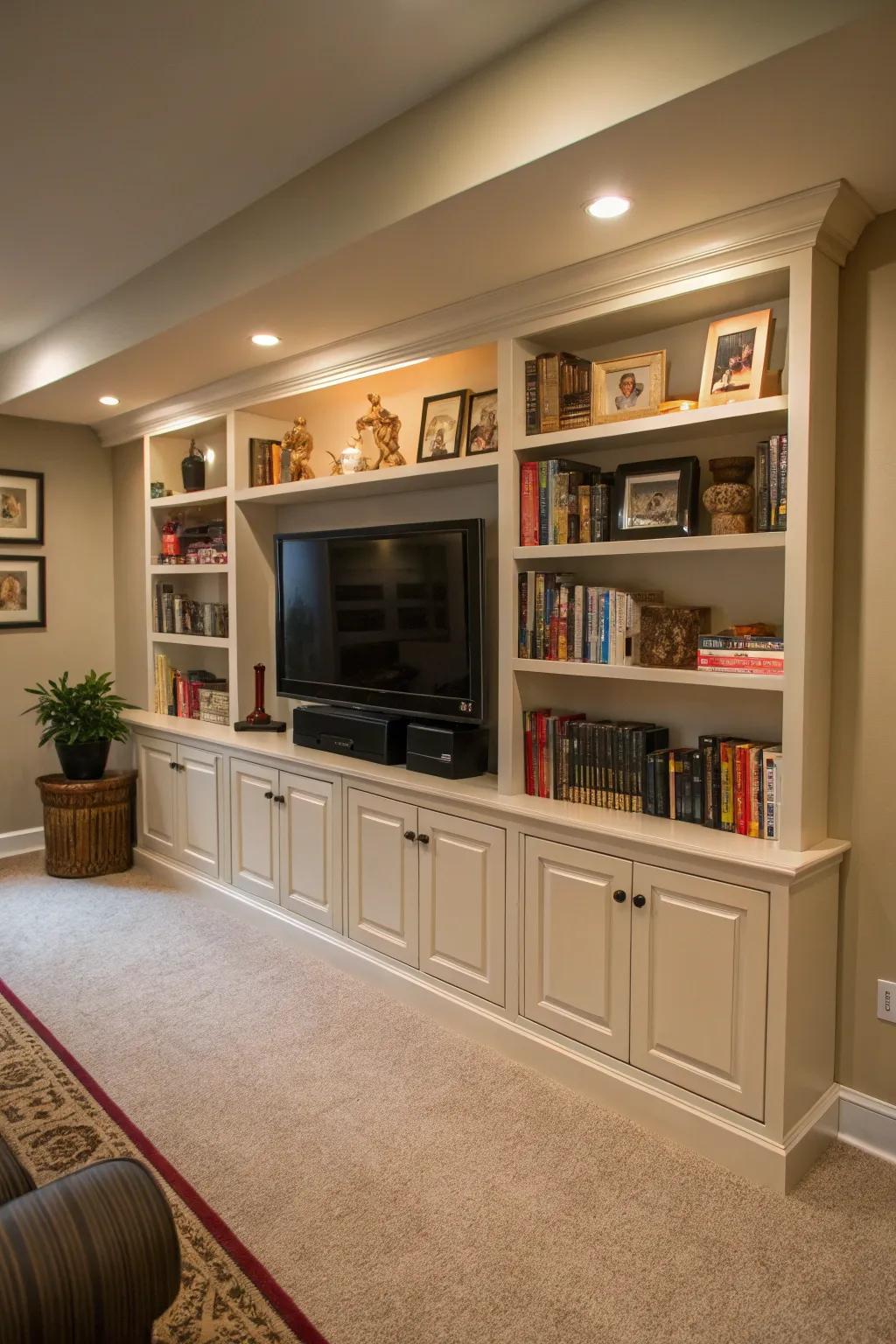 A custom-built unit beautifully frames the TV with generous shelving.