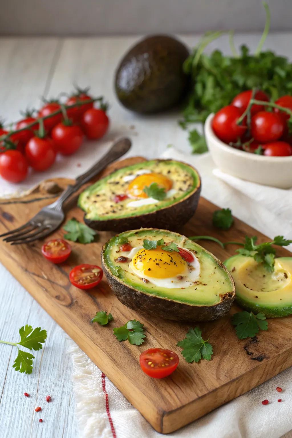 Eggs nestled in avocado provide a wholesome and visually pleasing breakfast option.