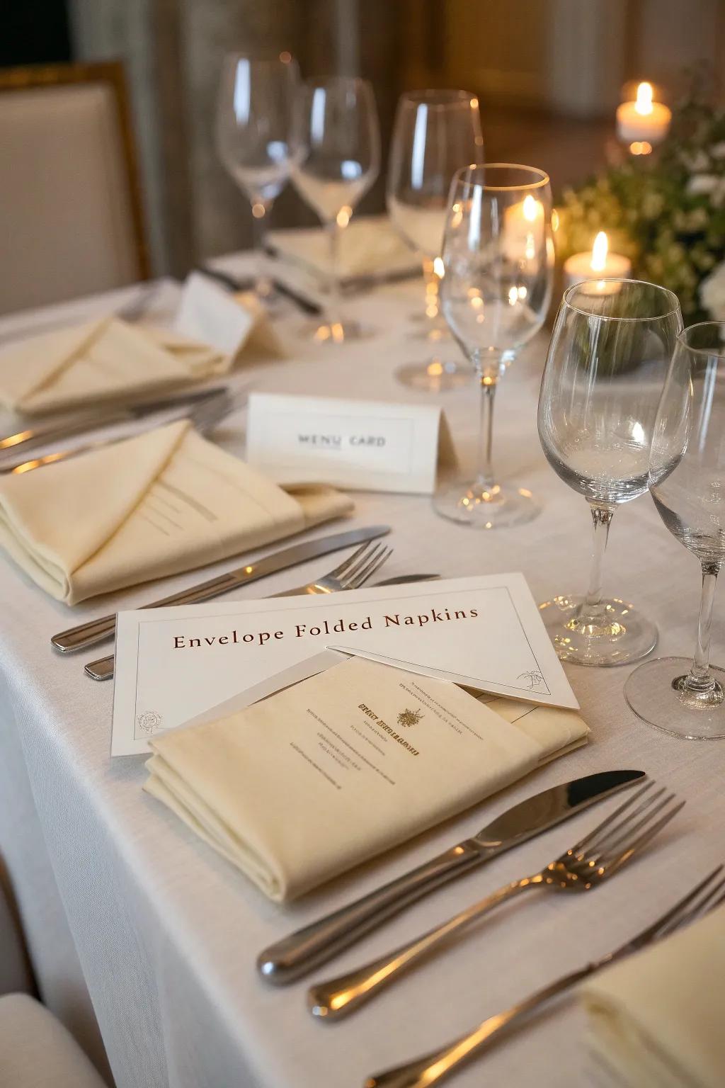 Sleeve-folded napkins alongside personal notes create a unique touch.