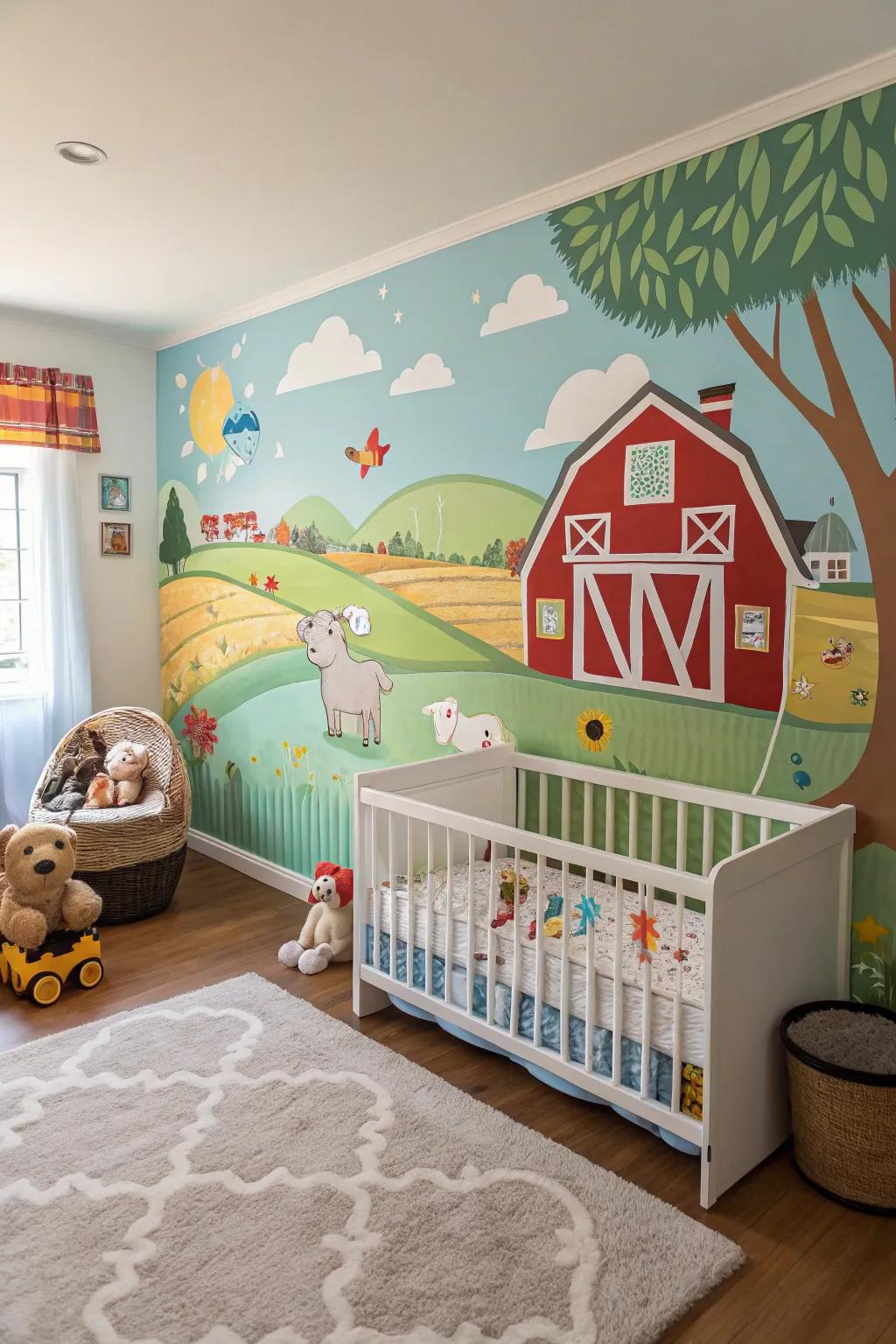 A wall scene can transform a nursery into an idyllic farmyard retreat.