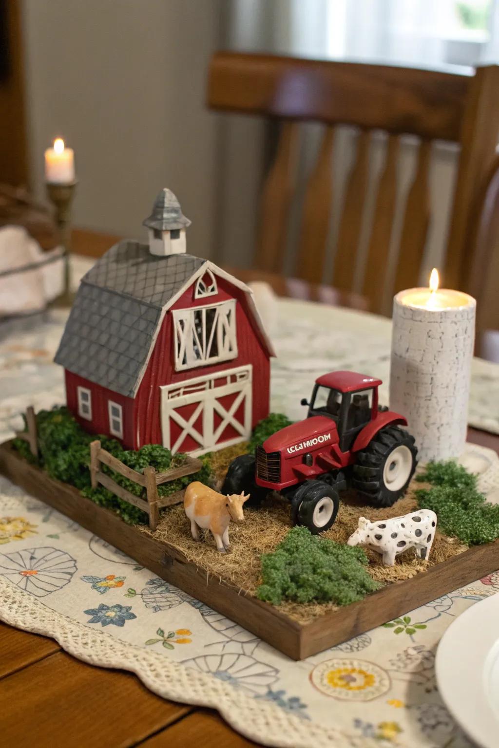 A fun small-scale barnyard display injects a playful vibe onto the table.