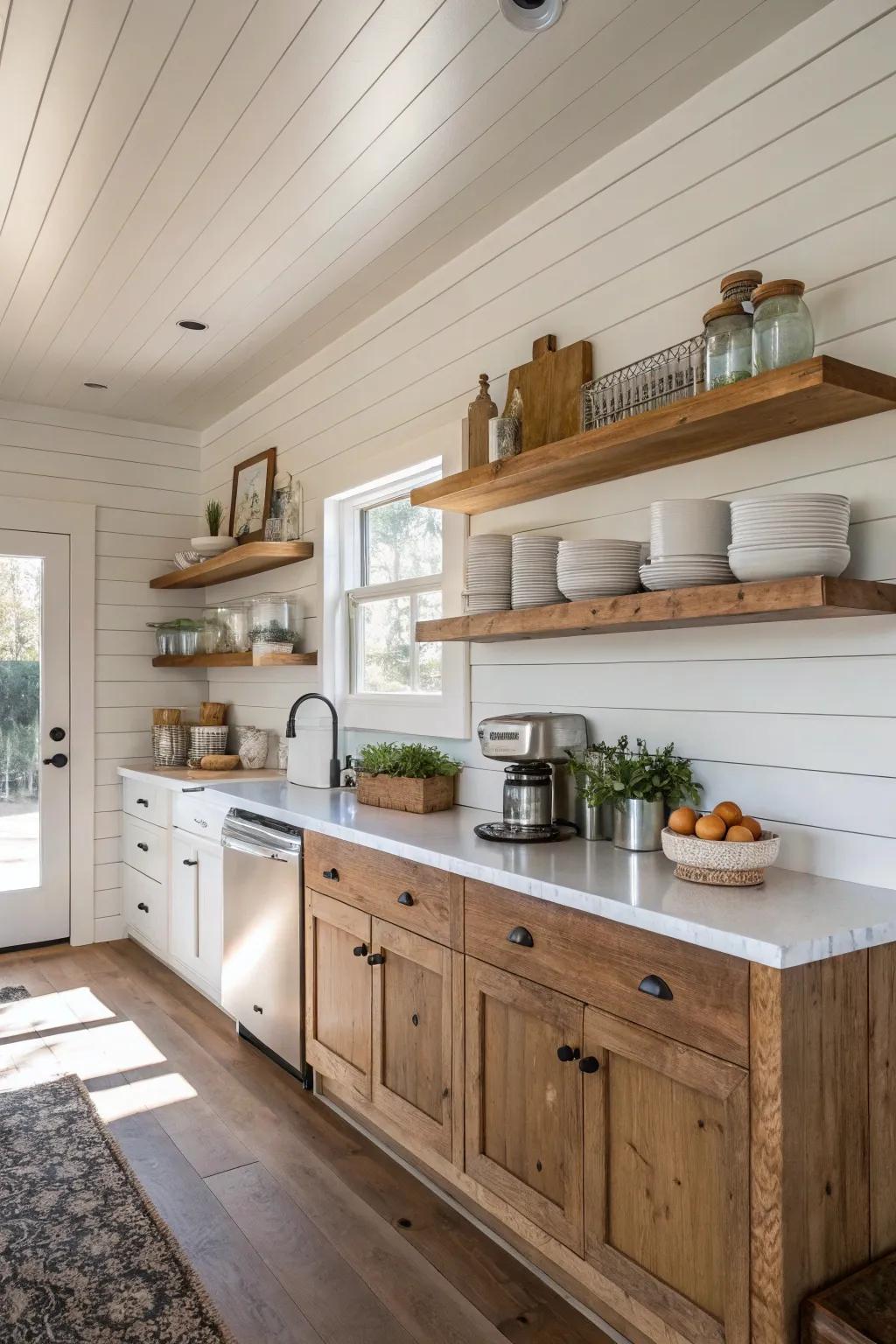 Shiplap provides a tidy, traditional elegance to your cooking area.
